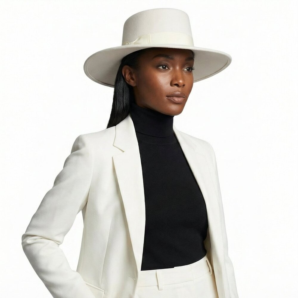Wide Brim Boater Hat in Faux Felt - Structured Hat with Ribbon White - Picture 3 of 6